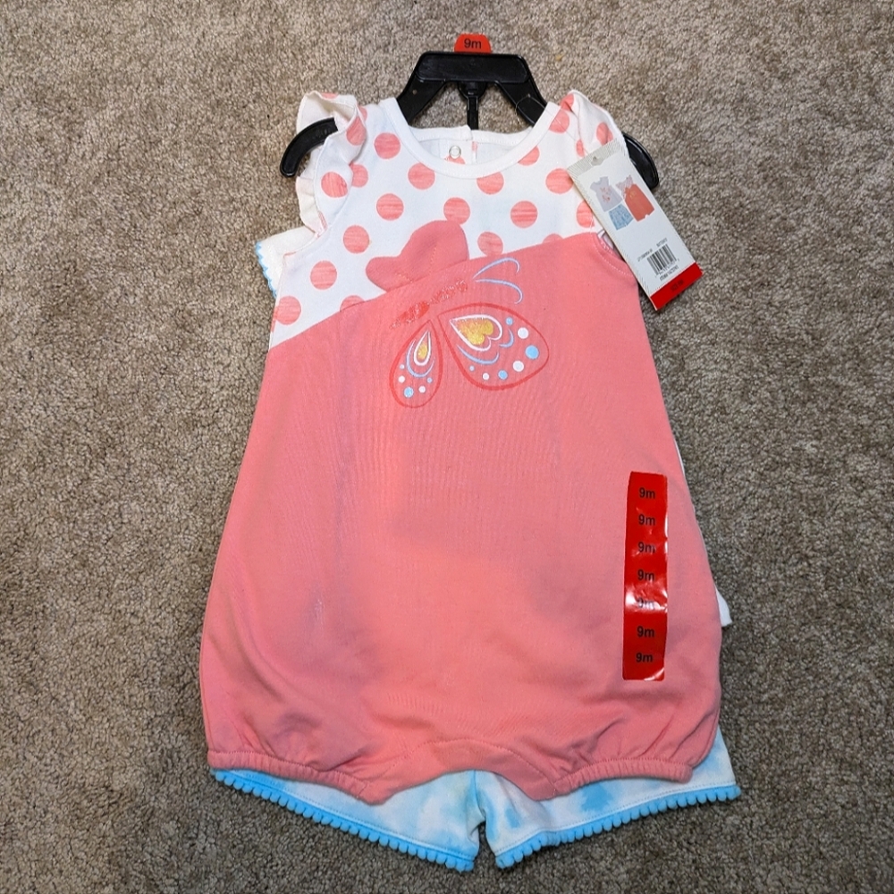 NWT 9m set of 2 summer outfits - pink romper and blue and white 2-pc set
